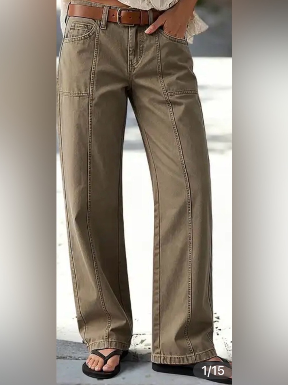 Flamingals Solid Stitch Detail Mid Waist Straight Leg Pants in Taupe